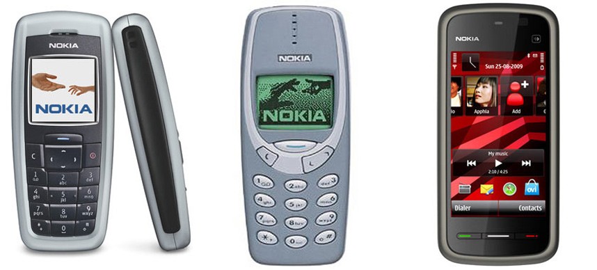 Nokia 2600 (à esquerda),3310 (No centro) e 5230 (à direita)