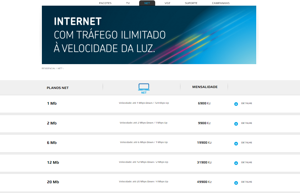 Tabela de preço da Tvcabo