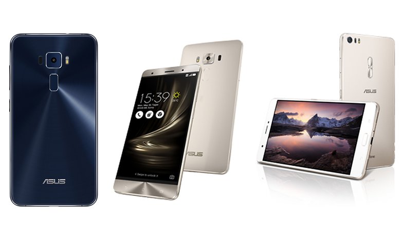 Da esquerda para a direita: Asus Zenfone 3, Asus Zenfone 3 Deluxe, Asus Zenfone 3 Ultra