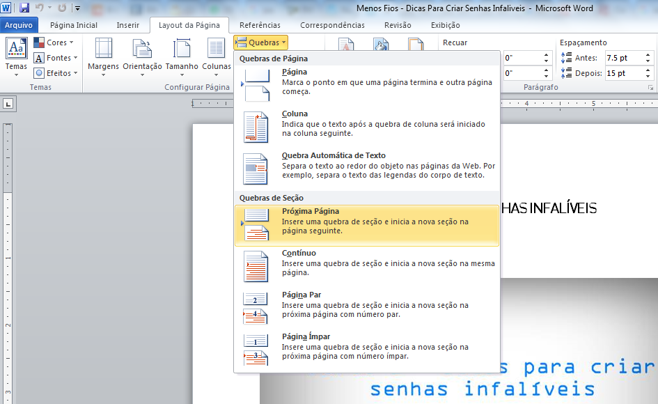 Word - Microsoft - Como inserir seções e numeração de página diferente