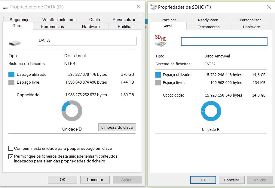 Sistemas de ficheiros das duas unidades: NTFS e FAT 32