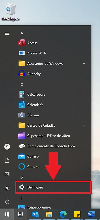 1 – Abra o menu Iniciar e selecione a opção de Definições.