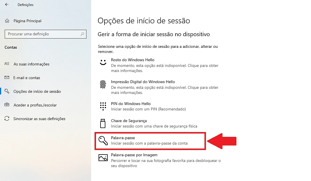 4 – Na secção “Gerir a forma de iniciar sessão no dispositivo” clique em “Palavra-passe”.