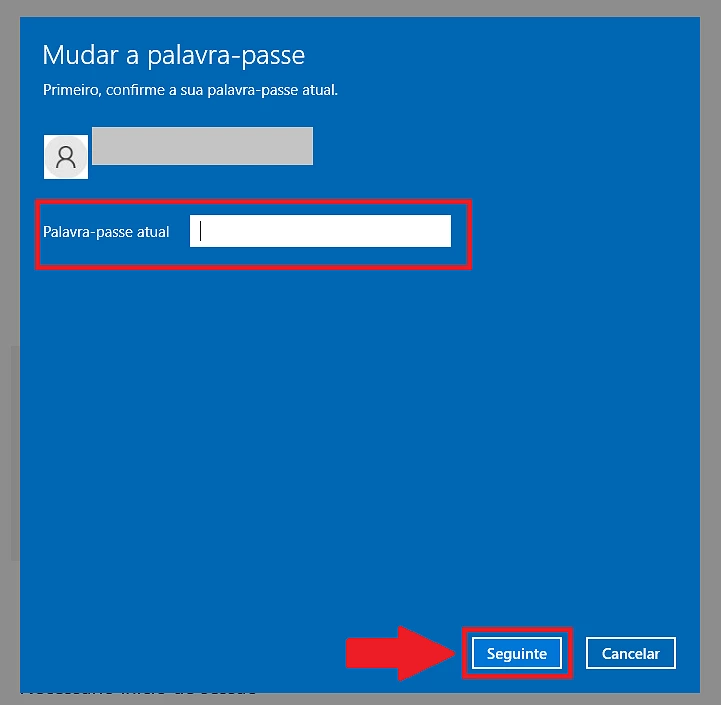 6 – Introduza a sua palavra-passe atual e clique em “Seguinte” para avançar.