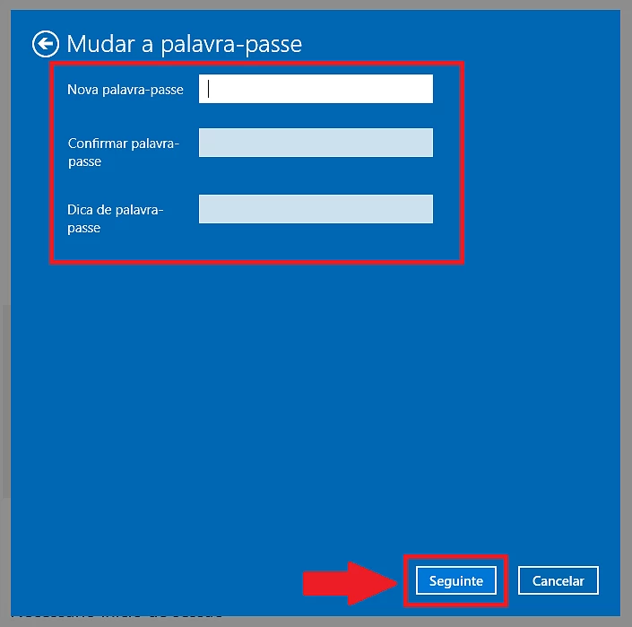 7 – Insira e confirme a nova password. Se desejar, poderá também incluir uma dica de palavra-passe. Clique novamente em “Seguinte”.